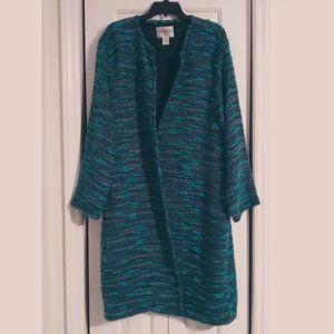 Chico's Long Open-Front Turquoise Multi-Color Fuzzy Woven Topper Cardigan